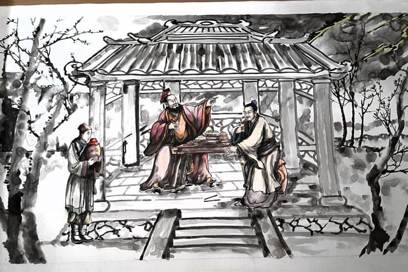 Minh họa cho điển tích uống rượu luận anh hùng